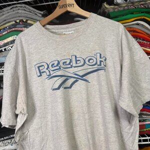 90s vintage Reebok logo graphic sportswear t shirt Heather grey xxl